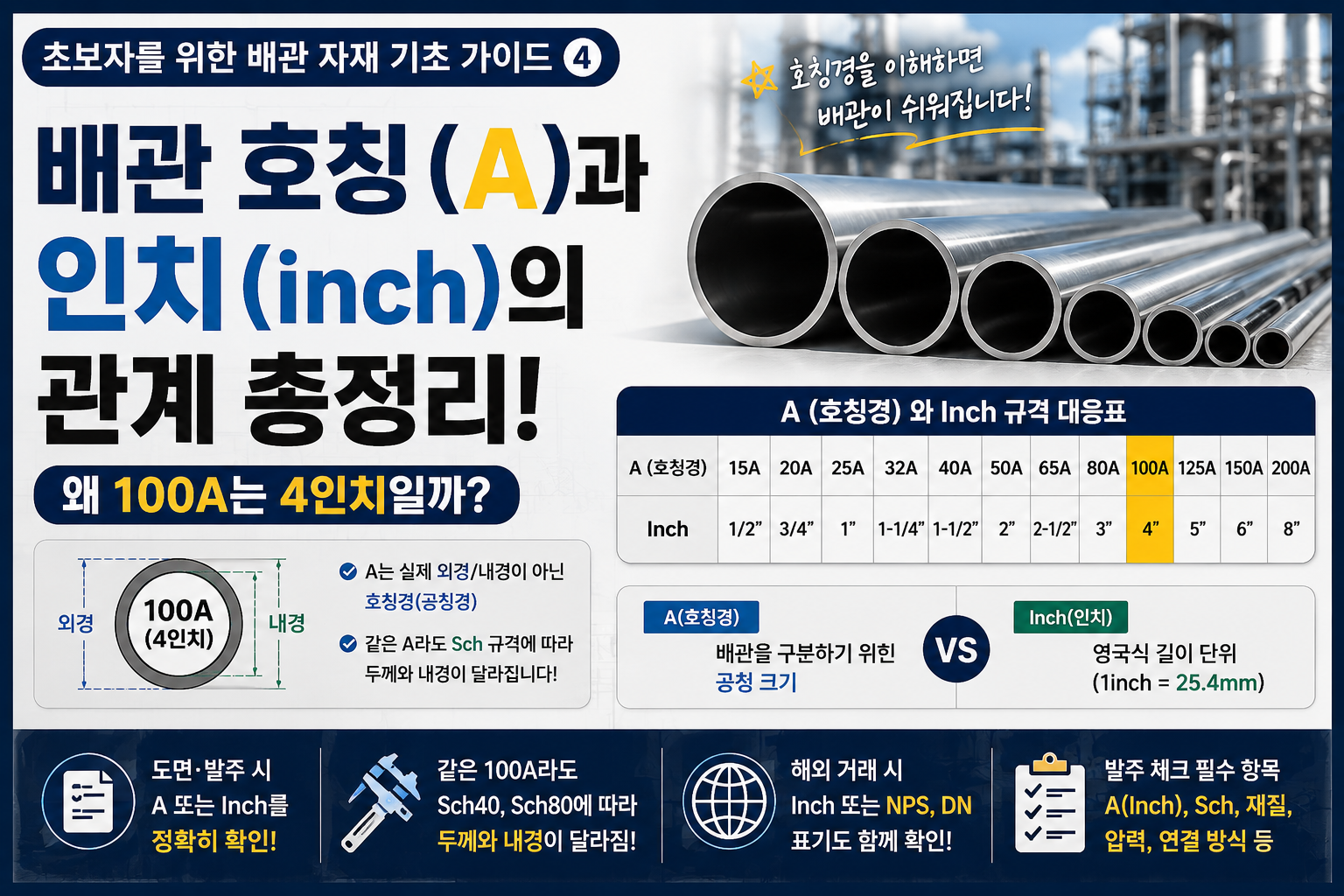 배관 호칭(A)과 인치(inch)의 관계